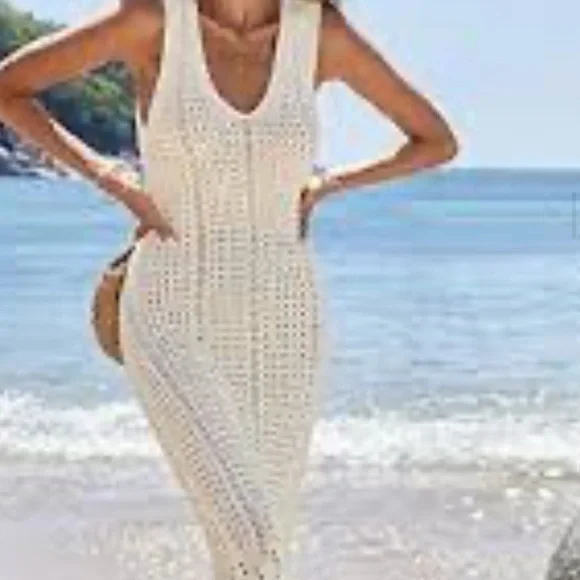 Luxurious Cream Ribbed Woven Viscose Sleeveless Long Swim Coverup Stretchy NWT - Picture 1 of 9